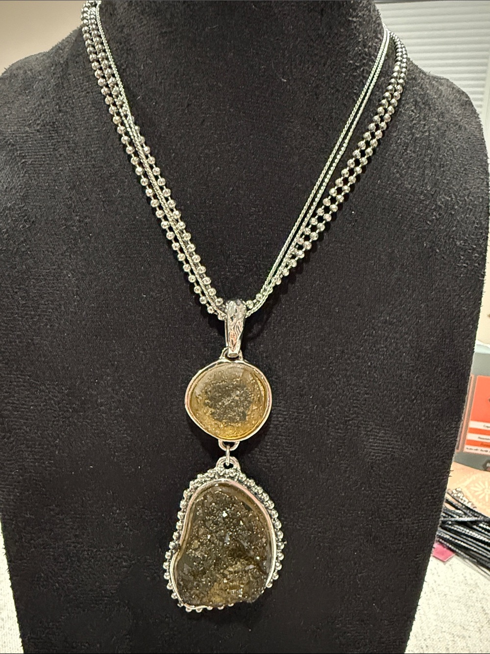 Chico's Double Druzy Pendant Necklace – Olive Gold Geode – 3-Strand Bead Chain –